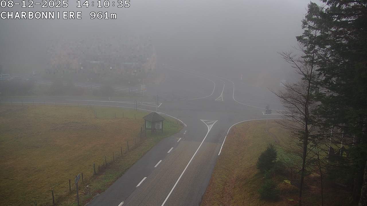 Webcam du col de la Charbonnière dans les Vosges en direction de la station du Champ du feu. Vue sur le D214 et la Tour du Champ du feu. Col de montagne à 961 mètres d'altitude