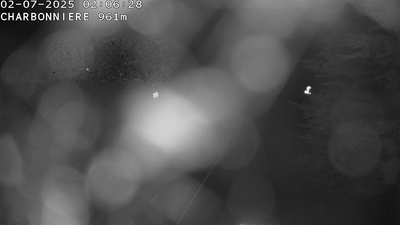 Webcam du col de la Charbonnière dans les Vosges en direction de la station du Champ du feu. Vue sur le D214 et la Tour du Champ du feu. Col de montagne à 961 mètres d'altitude