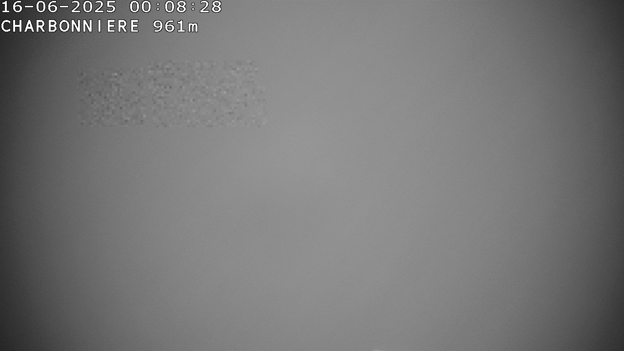 Webcam du col de la Charbonnière dans les Vosges en direction de la station du Champ du feu. Vue sur le D214 et la Tour du Champ du feu. Col de montagne à 961 mètres d'altitude