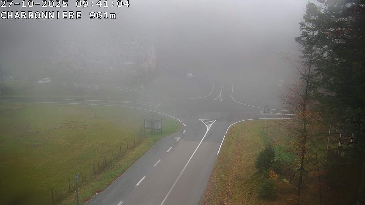 Webcam du col de la Charbonnière dans les Vosges en direction de la station du Champ du feu. Vue sur le D214 et la Tour du Champ du feu. Col de montagne à 961 mètres d'altitude